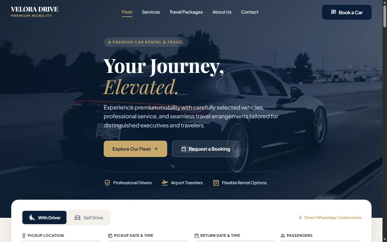 Website Velora Drive - Executive Mobility & Rental Mobil